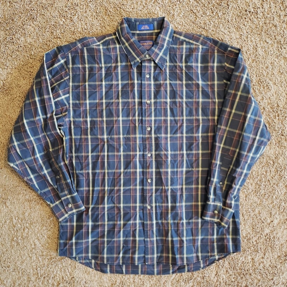 Pendleton button down long sleeve cotton plaid dress shirt navy red L